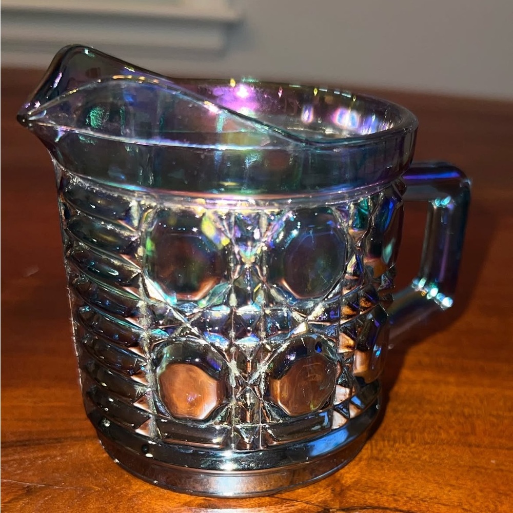 Indiana glass Iridescent blue glass creamer.